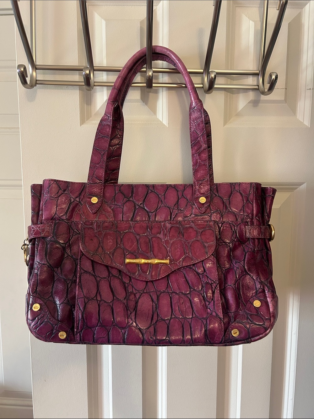 Elaine Turner Purple Crocodile Embossed Leather Satchel Bag Bamboo Accent